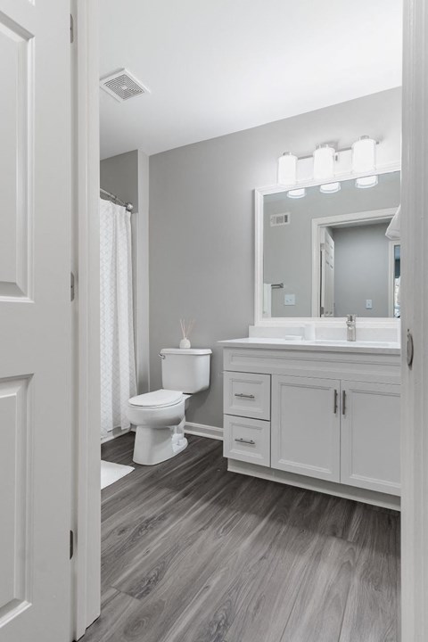 bathroom with white cabinetry and designer lighting at Ellington Metro West apartments