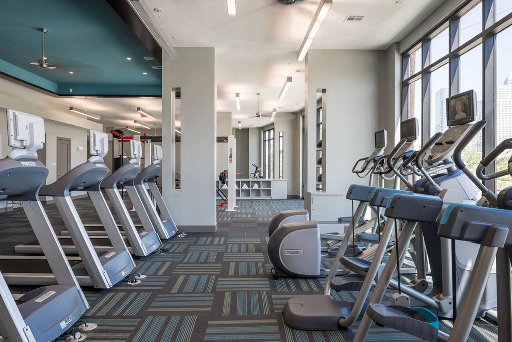 a fitness center with cardio equipment at Tinsley on the Park apartments
