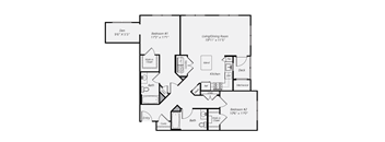 A floor plan of a home with two bedrooms, a living/dining room, a kitchen, a bath, and an entry.
