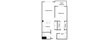A floor plan of a small apartment with a living room, bedroom, kitchen, and bathroom.