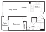 A floor plan of a home with a living room, dining room, kitchen, bathroom, bedroom and patio/balcony.