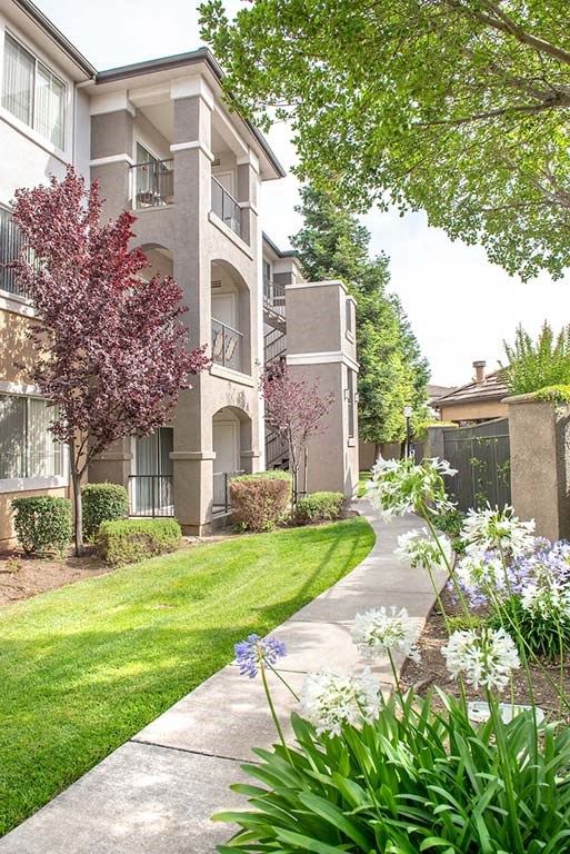 Grass lined walk way to apartment building