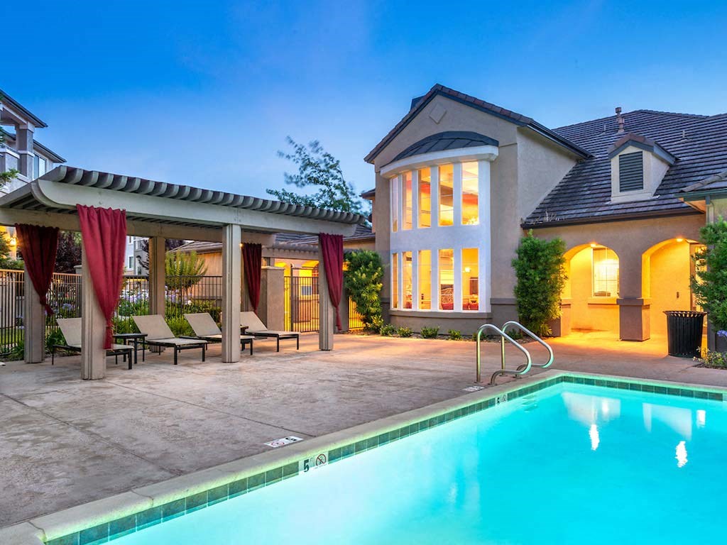 Pool area with covered seating
