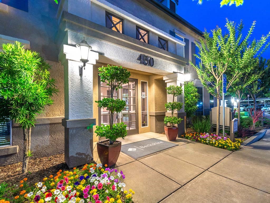 leasing office entry at dusk