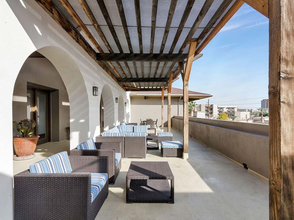 Covered balcony with sofas at Roosevelt Square, Phoenix, AZ