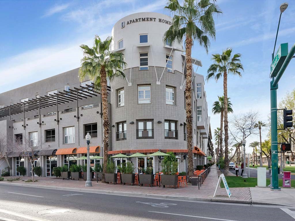 Property exterior surrounded by palm trees, Roosevelt Square, Phoenix, Arizona, 85003