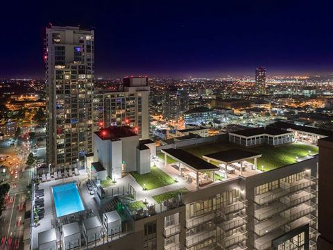 Aerial view of building at night, The Rey Apartments in San Diego, CA