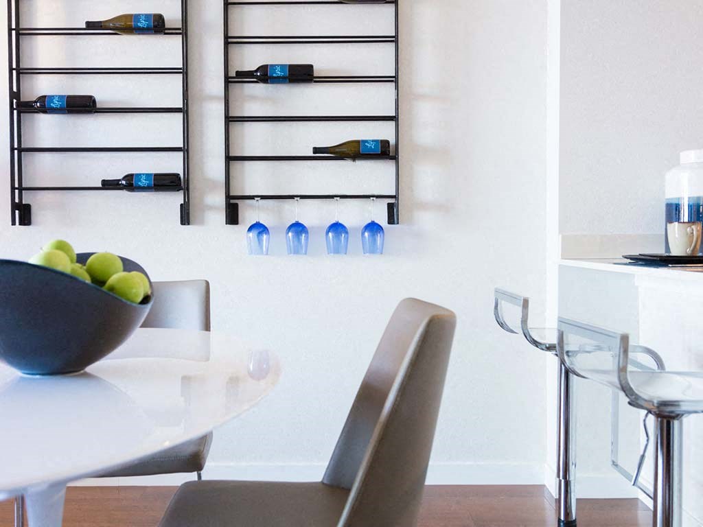 Interior dining table and bar at Lyric, California, 94596