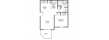 1 bedroom 1 bathroom floor plan at Bedford Commons Apartments & Heathermoor Apartments, Ohio