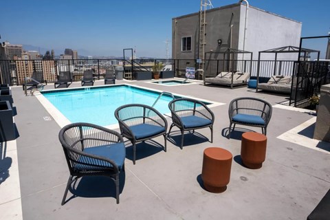 A pool with four chairs and two stools on a rooftop.