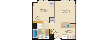 A floor plan of a small apartment with a bedroom, living/dining area, kitchen, bathroom, and closets.