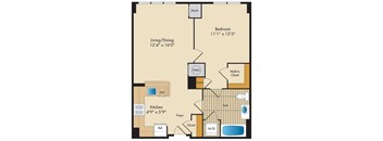 A floor plan of a home with a living room, dining room, kitchen, and bedroom.