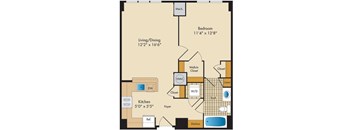 A floor plan of a home with a living room, dining room, kitchen, and bathroom.