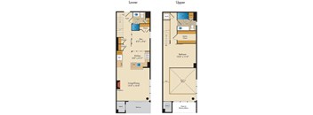 A floor plan of a two-story apartment with a living room, kitchen, and bedrooms.