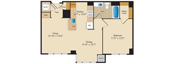 A floor plan of a house with a living room, dining room, kitchen, bedroom, and bathroom.