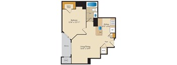 A floor plan of a living space with a bedroom, kitchen, and bathroom.