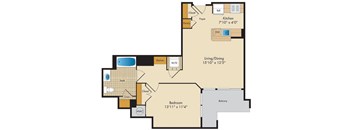 A floor plan of a house with a living room, dining room, kitchen, and two bathrooms.