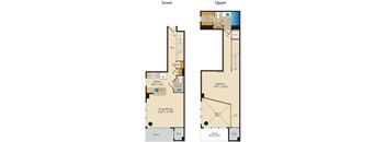 A floor plan of an apartment with a living room, kitchen, and bedrooms.