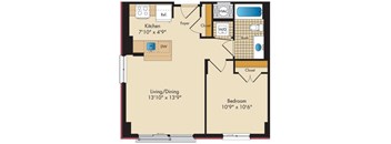 A floor plan of a small apartment with a kitchen, living/dining area, and bedroom.