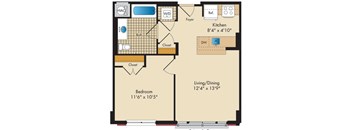 A floor plan of a home with a living/dining area, kitchen, and two bedrooms.