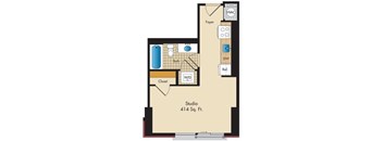 A floor plan of a studio apartment with a bathroom, closet, and kitchenette.