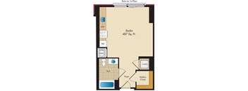 A floor plan of a studio apartment with a bathroom, kitchenette, and walk-in closet.