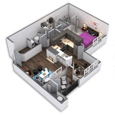 the isometric view of a house with a bedroom and living room