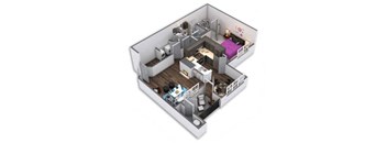 the isometric view of a house with a bedroom and living room