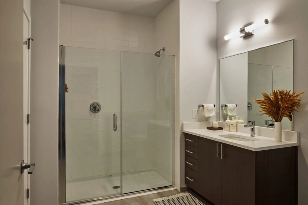 A modern bathroom with a walk-in shower and double sink vanity.