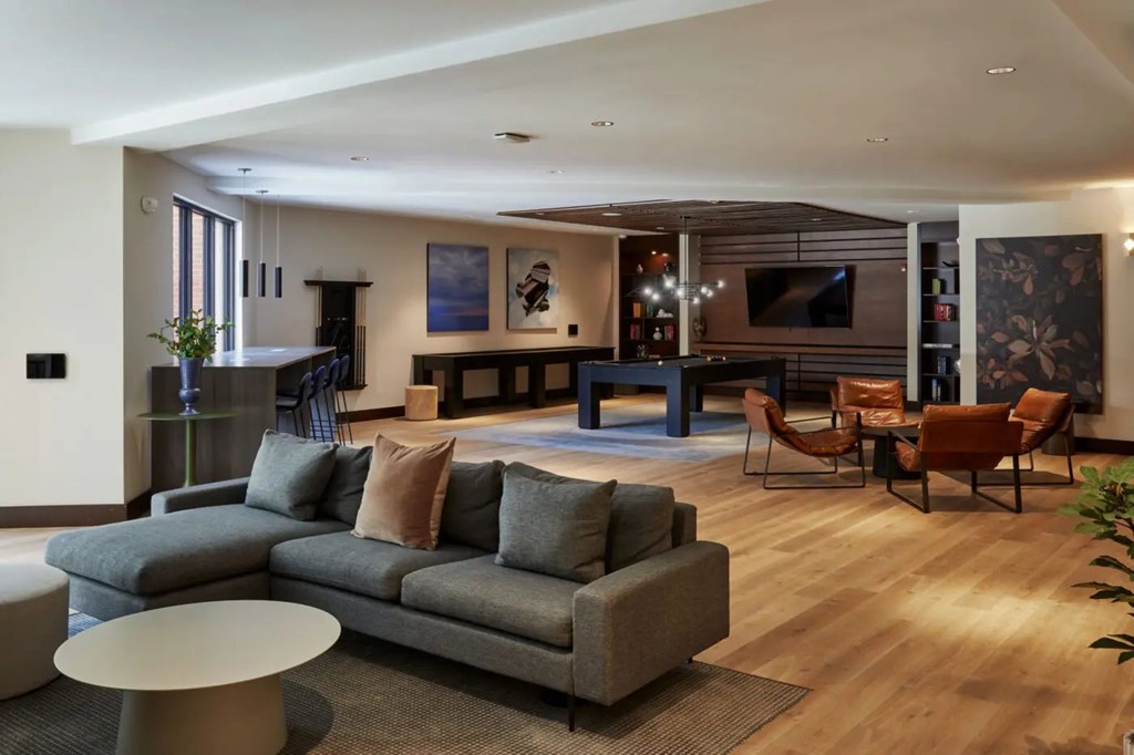 A living room with a grey couch and a wooden floor.