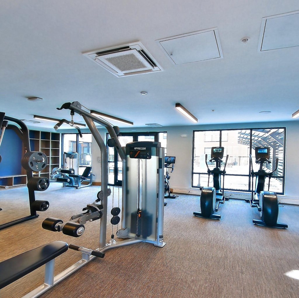 A gym with a variety of equipment including treadmills, weights, and exercise machines.