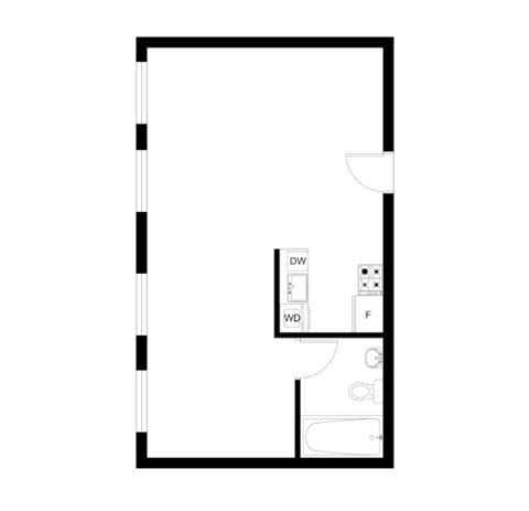 A floor plan of a room with a kitchenette and a bathroom.