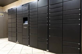 A row of black lockers with the word "LUXE" on the top.