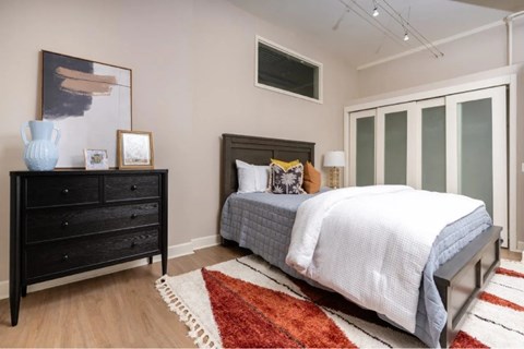 A bedroom with a bed, dresser, and a rug.