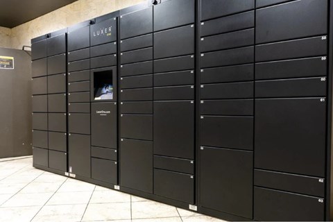 A row of black lockers with the word LUXE on the top.