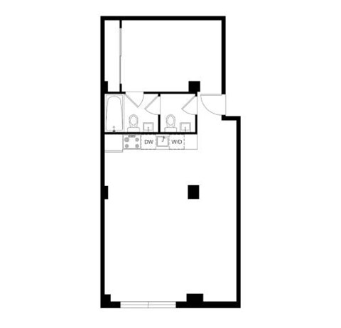 A floor plan of a house with a kitchen, living room, and two bedrooms.