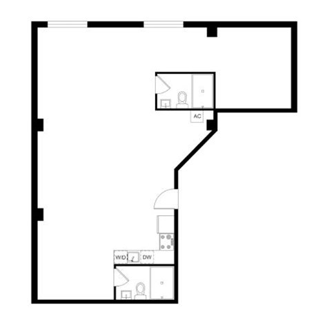 A black and white image of a floor plan with a kitchen, living room, and bathroom.