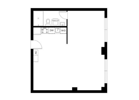 A floor plan of a room with a kitchen area and a bathroom.