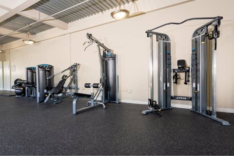A gym with a variety of equipment including a leg press machine, a chest press machine, and a lat pulldown machine.