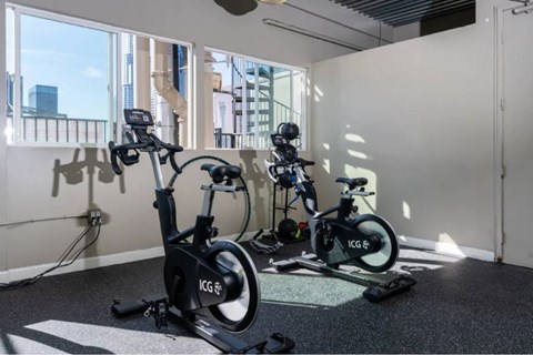Two ICG brand exercise bikes are parked in a sunlit room.
