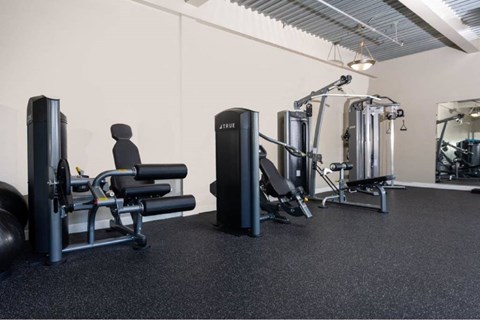 A gym with a variety of equipment including a squat rack, a leg press machine, and a bench press.