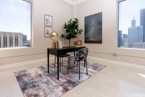 A room with a table, chairs and a plant.