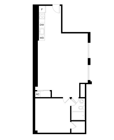 A black and white image of a floor plan with labeled rooms and doors.