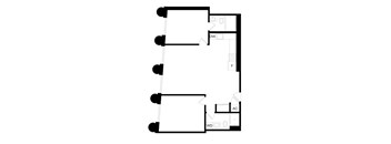 A floor plan of a room with a kitchen area and a bathroom.