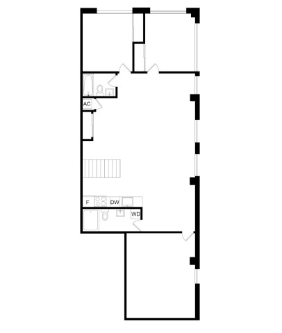 A drawing of a floor plan with a kitchen area and a bathroom.