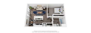 A floor plan of a small apartment with a living room, kitchen, and bathroom.