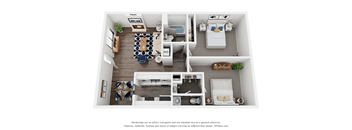 A floor plan of a small apartment with a kitchen, living room, and bedroom.