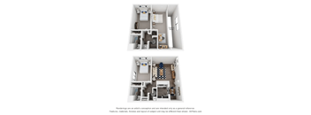 Two images of a small apartment layout with a kitchen, living room, and bedroom.