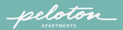 The image shows the word "peloton" in cursive font with the words "apartments" underneath it.