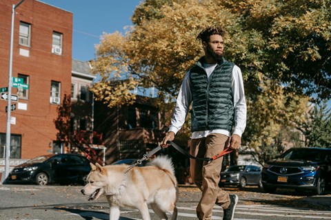 A man walking a dog on a leash in a city street.